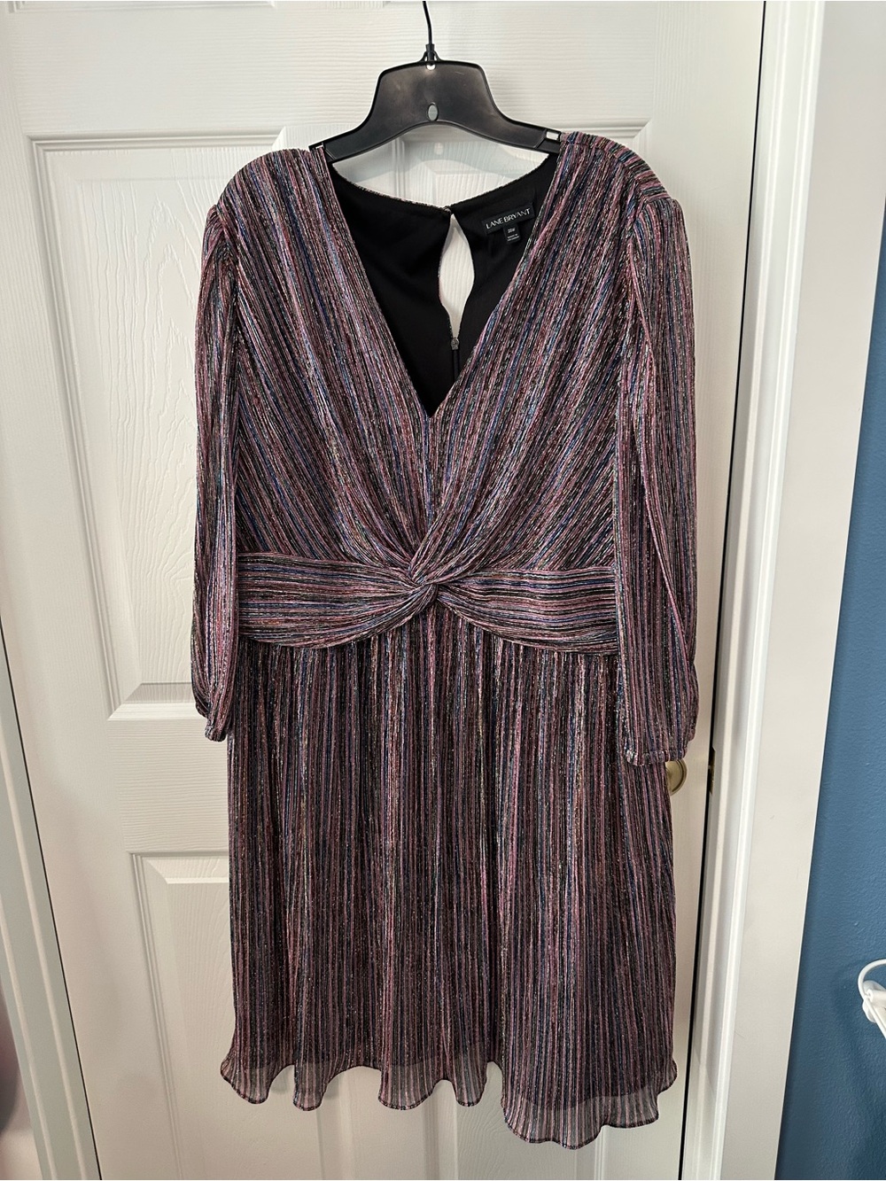Lane Bryant Shimmery Twist-Front V-Neck Midi Dress in Pink and Blue Stripes